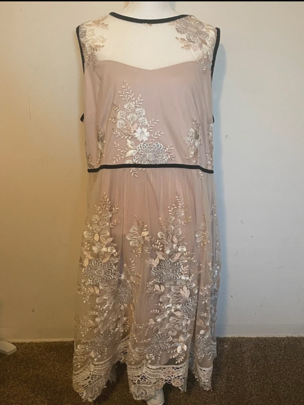 Lane Bryant Blush Embroidered Lace Midi Dress with Black Trim
